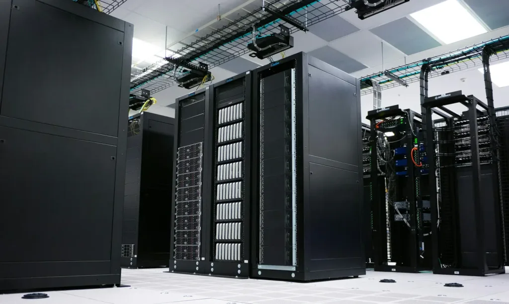 Rows of server racks in a data center