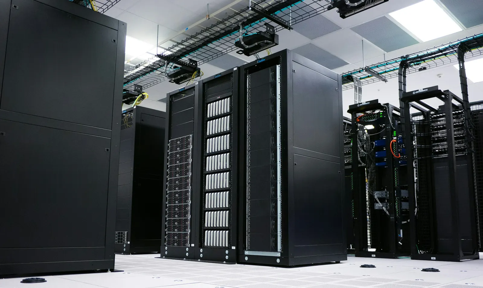 Rows of server racks in a data center